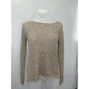Women's Size Medium Long Sleeve Open Knit Pullover Sweater Blouse Top Gold Brown